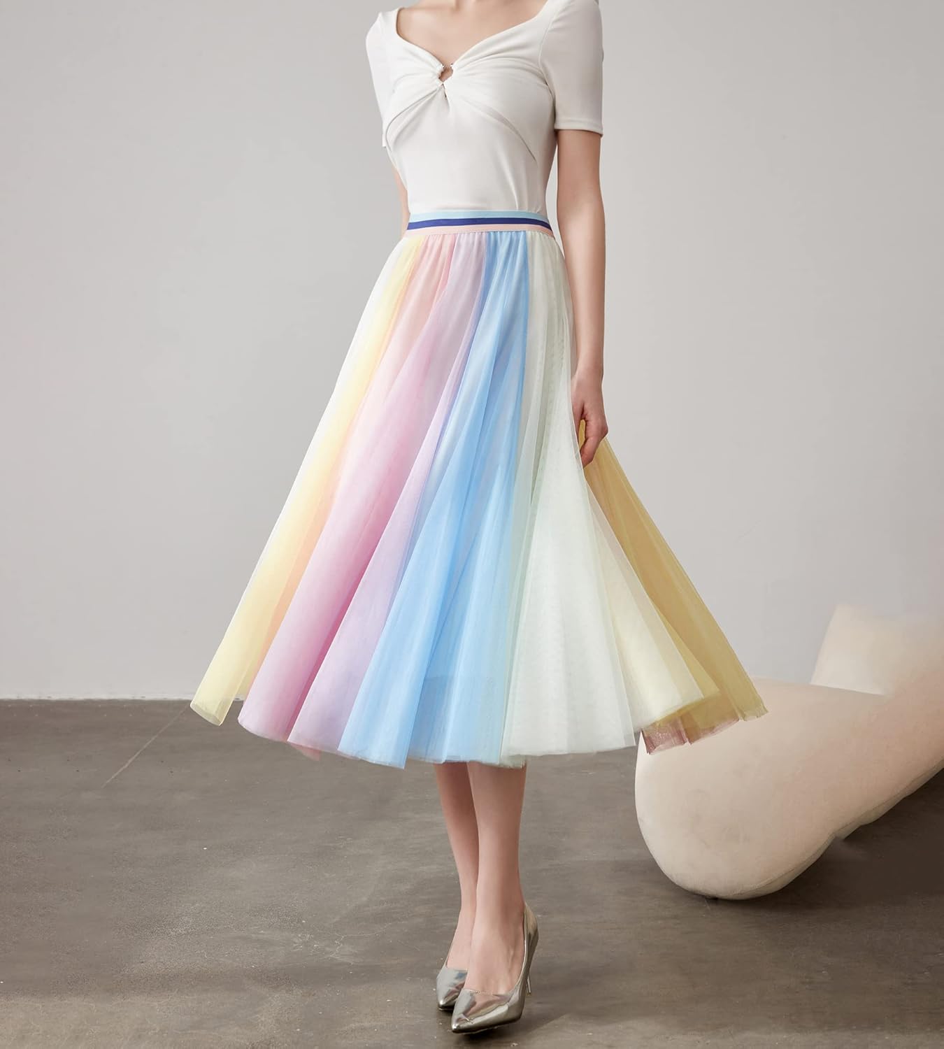 Women Pleated Long Tulle Skirt High Elastic Waist Swing Casual Midi Skirt - Image 7