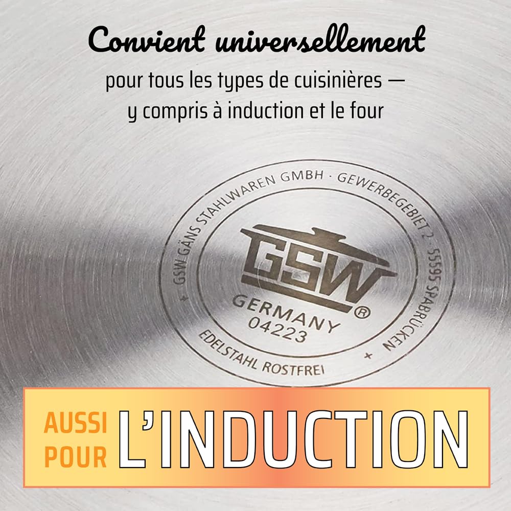 GSW Grande marmite professionnelle – grand pot XXL pour soupe, pâtes et ragoût, idéale pour les familles et la gastronomie – Acier inoxydable, 30 cm, 20 litres