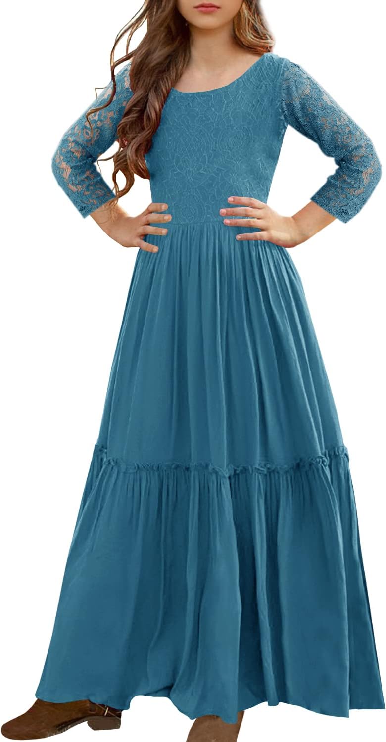 MITILLY Girls Lace Flower Ruffle Sleeve A-Line Swing Wedding Party Maxi Dress with Pockets