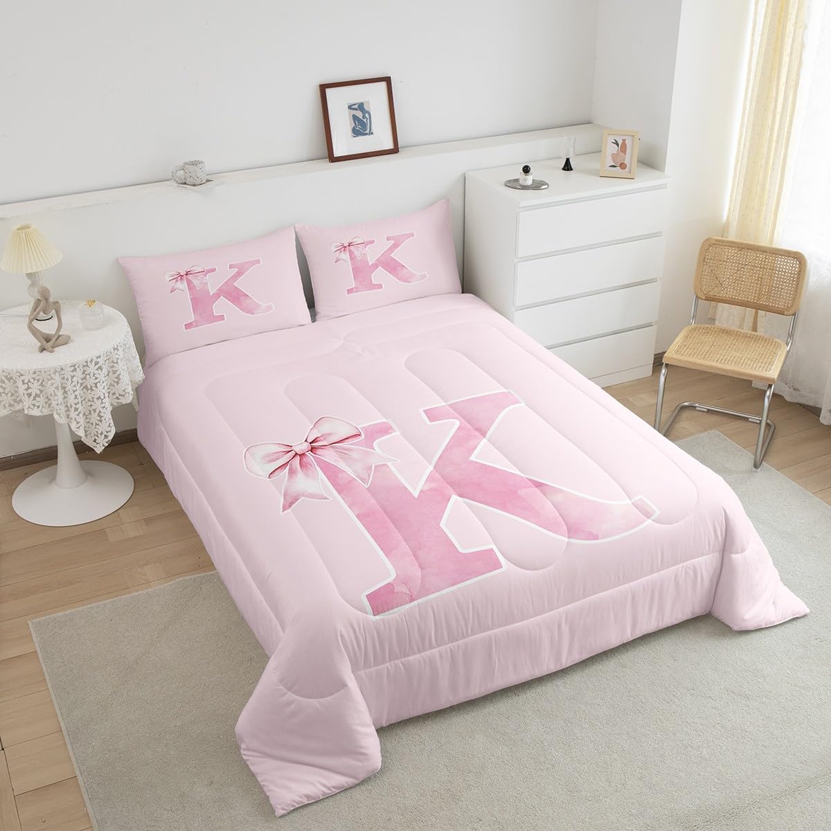 Erosebridal Pink Bow Comforter Set Full,Monogrammed Bedding Gifts for Women Teen Girls,Initial Letter K Quilt,Bowknot Initial Birthday Gifts Bedroom Room Decor for Her,All Season(K) - Image 2