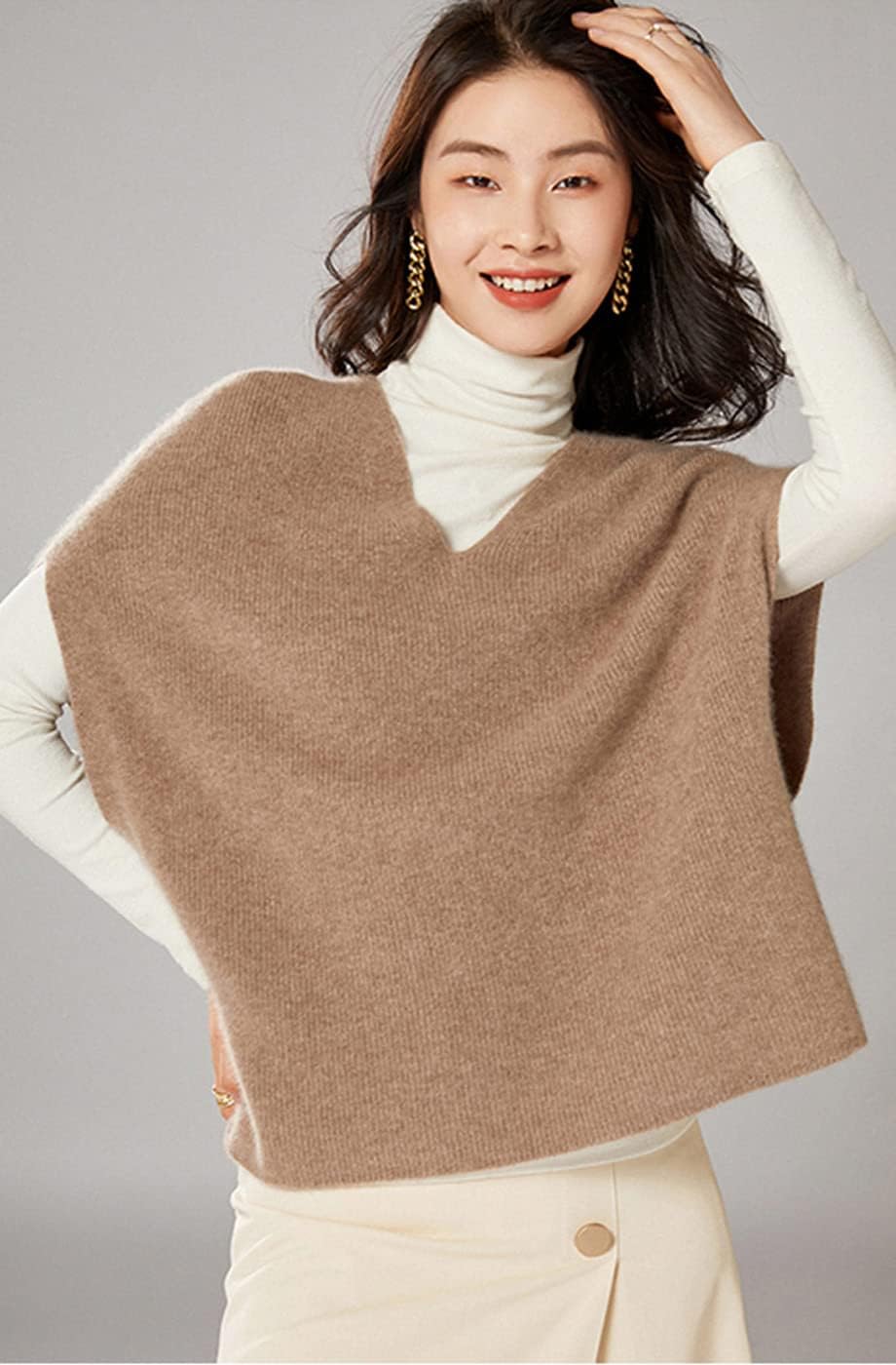 Women's Sweaters Vest 100% Pure Original Wool Fashion V Neck Sweater Shawl Vest Loose Fitting (Brown,Medium)