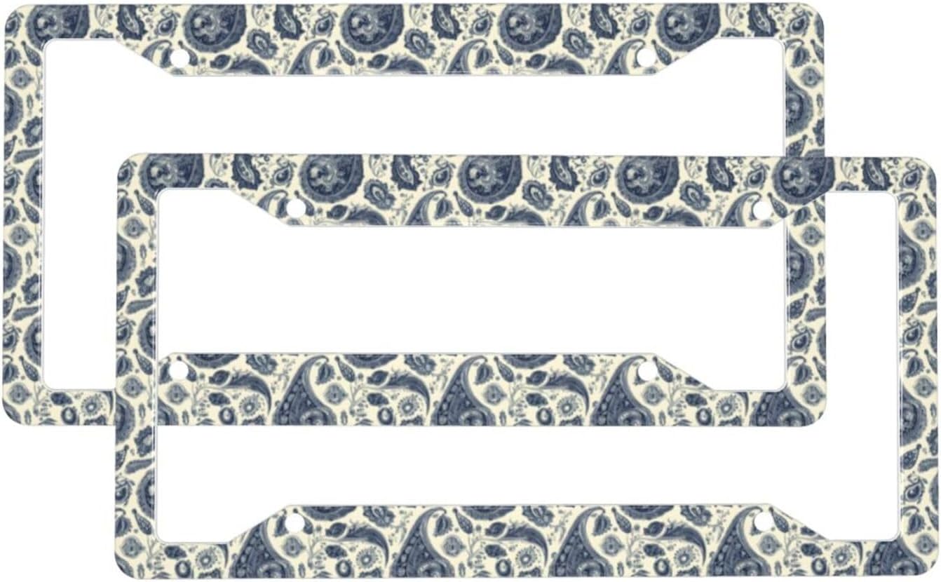 2 Pcs Car License Plate Frames for Women Men – Vintage Blue Paisley Print Aluminum Solid License Plate Cover for Car Accessories for Women Men with