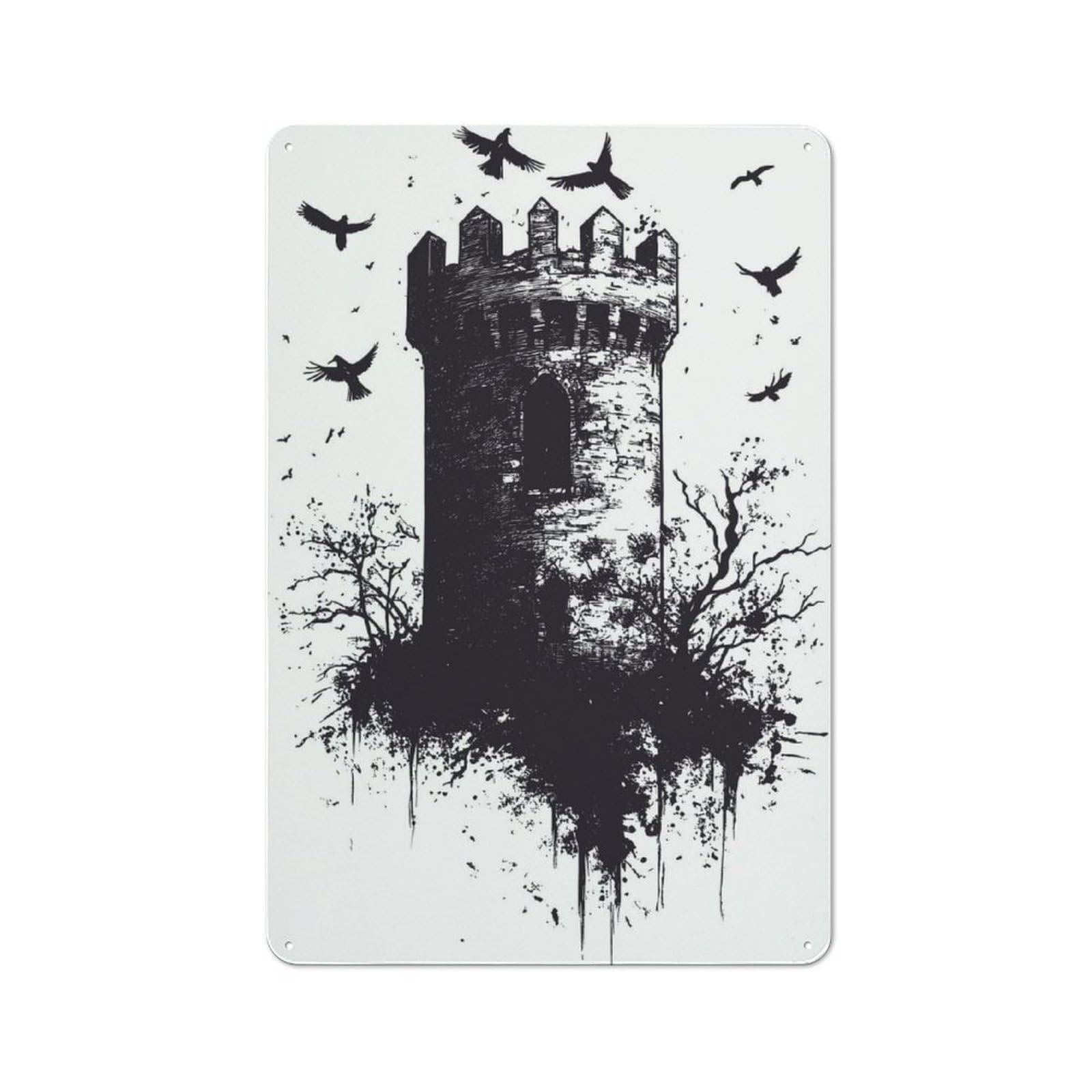 Junmoney Gothic Tower With Crows Printed Metal Sign 30X20cm For Studio Or Craft Room, A Decorative Gift For A Newly Furnished Studio And Craft Room
