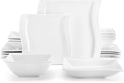 MALACASA Juego de platos para 4 16 piezas de vajilla cuadrada blanca marfil juego de vajilla de porcelana con platos de cena platos de postre platos