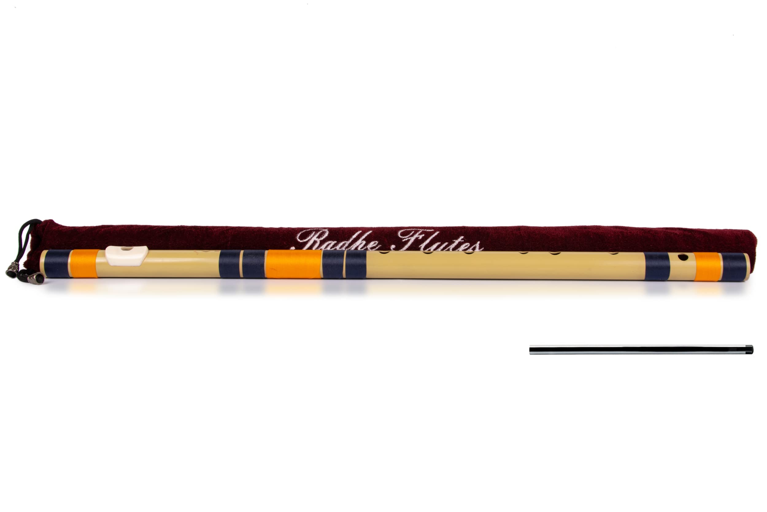 Radhe Flutes Bansuri G Natural Base pour droitier | Avec housse en velours | Tanpura A = 440 | Fibre PVC | Bleu foncé et orange