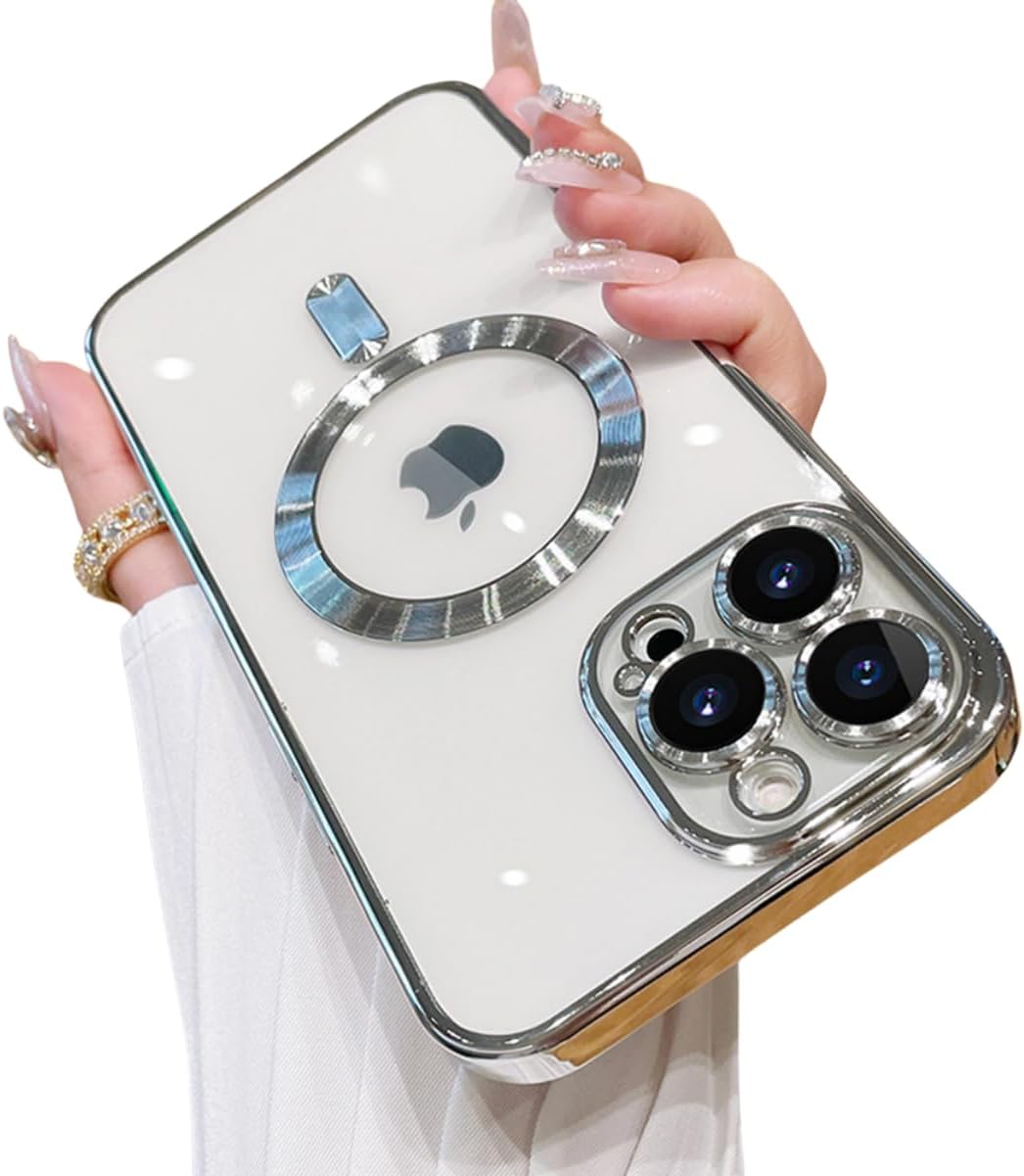 OOK Plating Case for iPhone 14 Pro Max with Camera Lens Protector (Compatible with MagSafe) Anti-Scratch Shockproof Protective Slim iPhone 14 Pro Max Case for Women Men - Silver