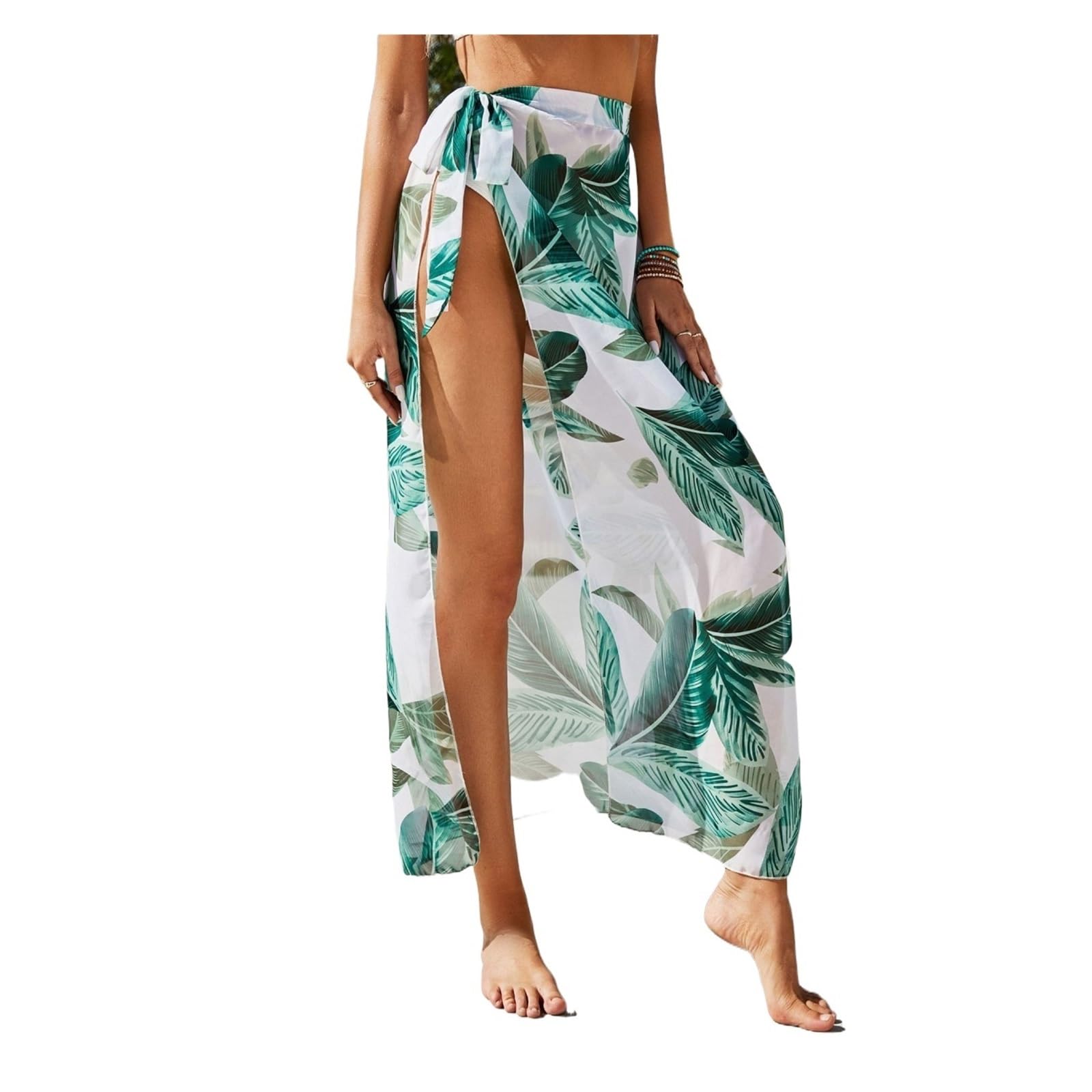 Vestidos de Playa, Playa Sarong Traje de baño Encubrimiento Mujeres Largo Corto Bikini Wrap Sheer Falda Bufanda Multicolor(Leaf-Long)