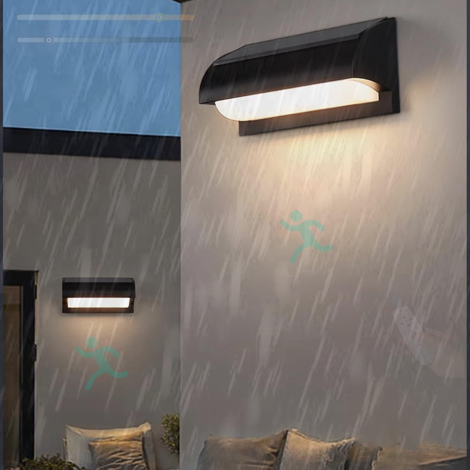 LED Außen Solar Wandleuchte mit Bewegungsmelder IP65 Wasserdicht Dimmbar Wandbeleuchtung mit Fernbedienung Wandleuchten Innen/Aussen Solarlampen Garten Terrasse Garage (Schwarz,2 Stück)