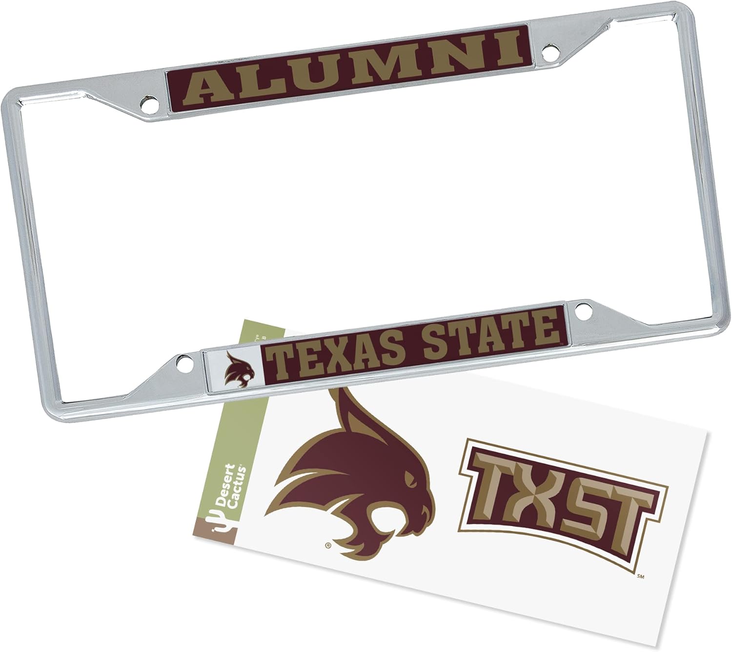 Desert Cactus Texas State University Car Accessories Metal License Plate Frame and Sticker for Front or Rear of Car (Sticker Frame Combo - Alumni)