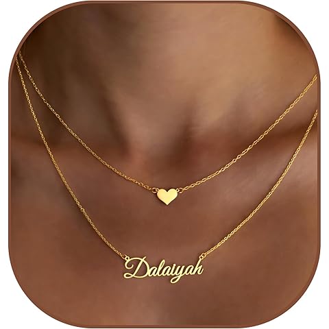 MeMoShe Layered Choker Name Necklace Personalized with Heart, Custom Nameplate Pendant 18K Gold Plated Christmas Gift