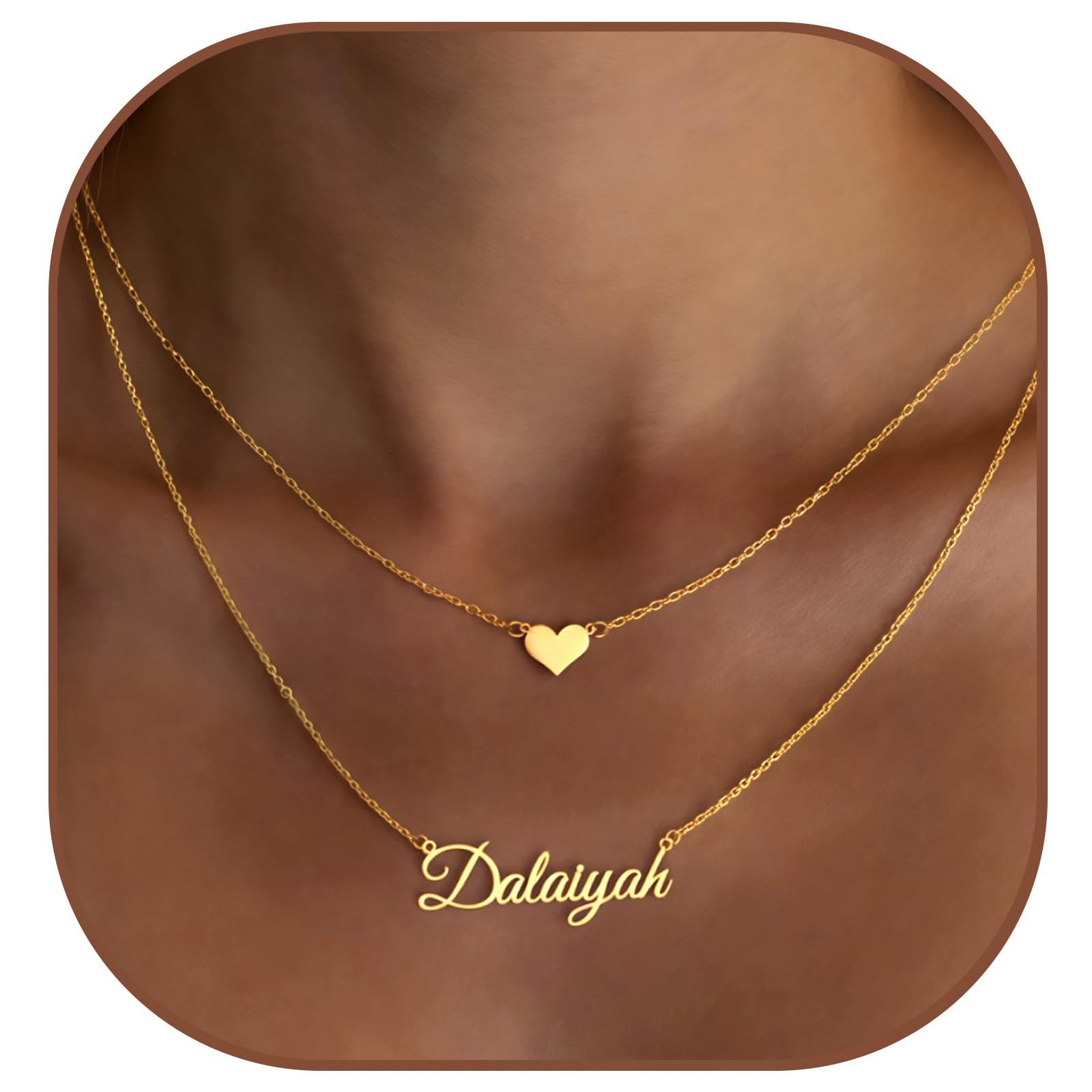 MeMoShe Layered Choker Name Necklace Personalized with Heart, Custom Nameplate Pendant 18K Gold Plated Christmas Gift