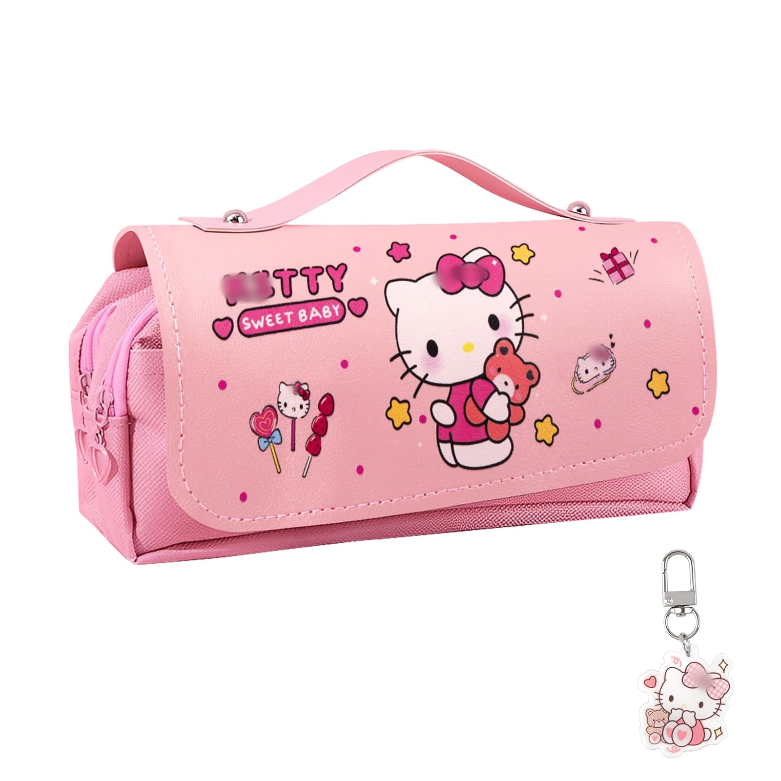 Kitty Pencil Case, Pencil Case for Girls, Large Capacity Pencil Pen Bag with Compartments mit Keyring for Students, Pencil Cases for Secondary School, Handheld Pen Bag Kid for School & Office Supplies