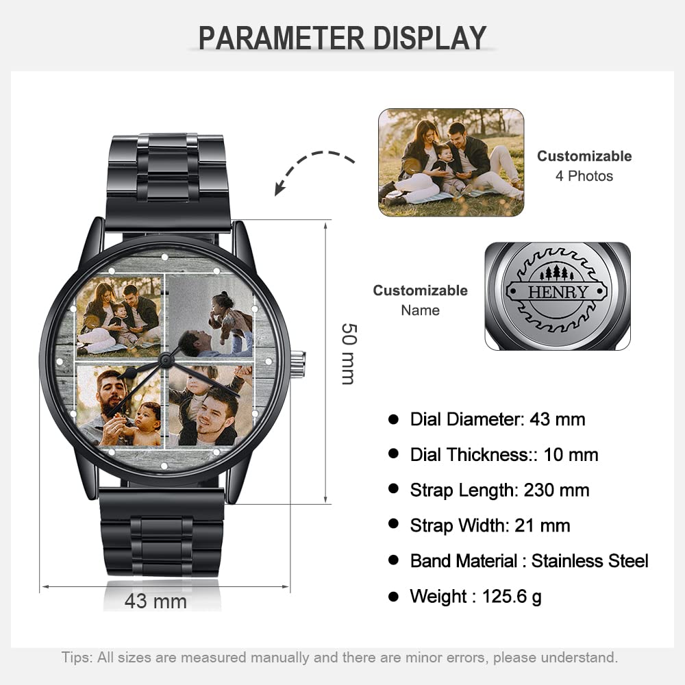 lorajewel Orologio da uomo Personalizzato Nome Data Foto,Chronografo sportivo al quarzo Moda Affare Impermeabile Orologi da polso Acciaio inossidabile Nero per il giorno del papà