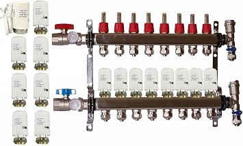 8 Loop PEX Plumbing Manifold - Stainless Steel Radiant Floor Heating Manifold - PEX Tubing Manifold With 4 Wire Actuators 1/2" PEX Adapters included