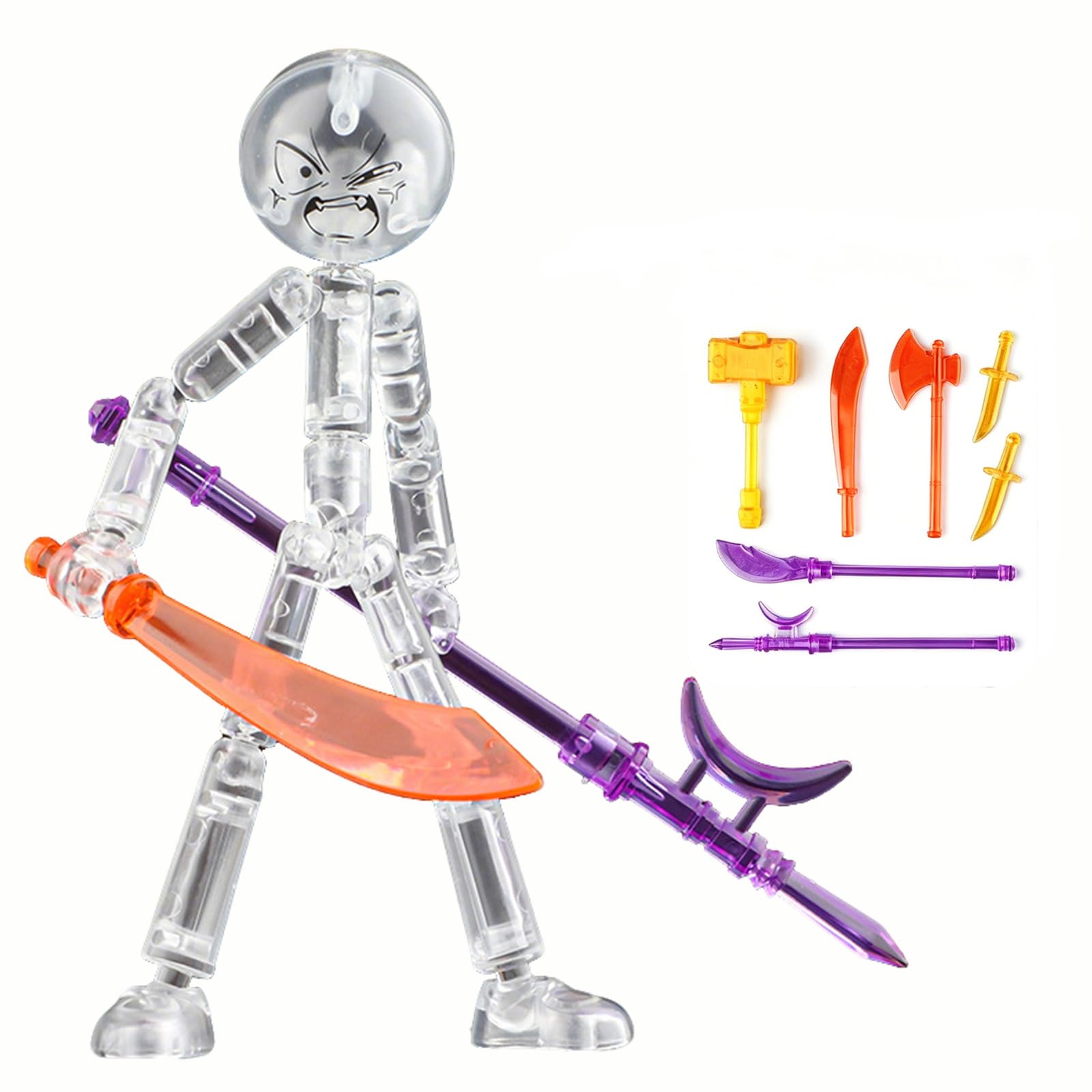 FUNLOV DIY Raging Stickman Action Figure Toy with 7 Weapons (Clear)