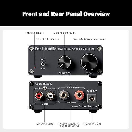 Miniatura 7 de Fosi Audio Amplificador de subwoofer M04 para cine en casa Monocanal Digital Clase D Amplificador de potencia integrado para altavoces pasivos