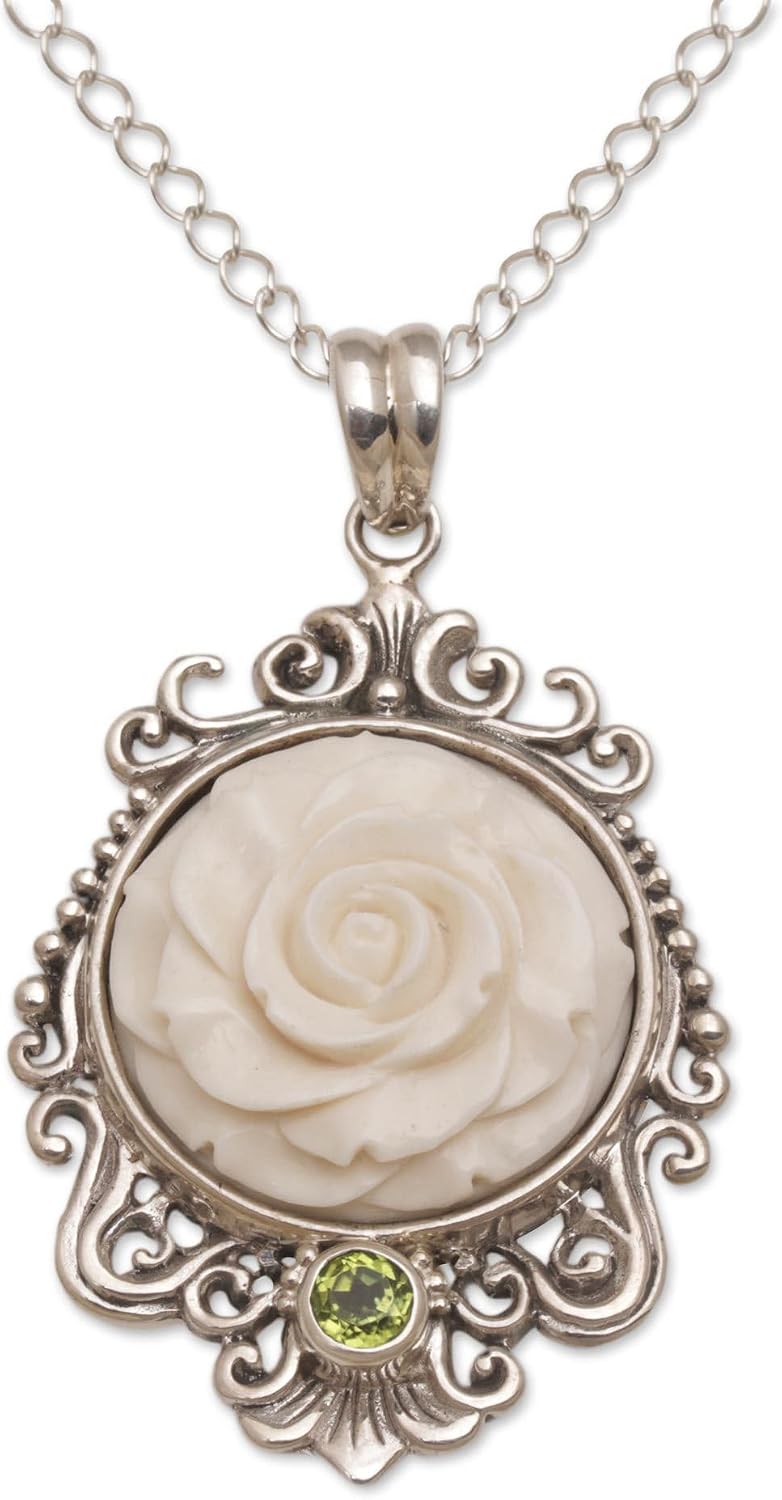 NOVICA Artisan Handmade Peridot Bone Pendant Necklace Rose Accented with Sterling Silver Green Indonesia Floral Birthstone [19.75 in L x 0.1 in W Pendant(s) 2 in H x 1.3 in W x 0.3 in D] ' Dreamy
