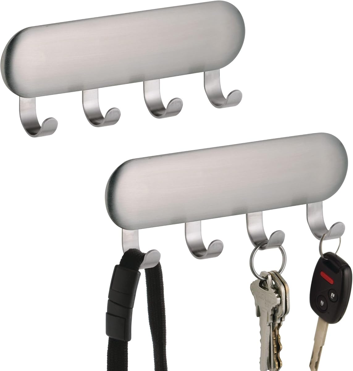 Porta llaves autoadhesivo de acero inoxidable, juego de 2, cepillado | 4 ganchos, llavero para pared.