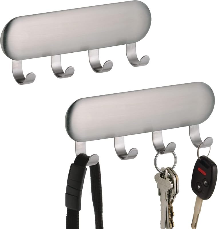 Porta llaves autoadhesivo de acero inoxidable, juego de 2, cepillado | 4 ganchos, llavero para pared.
