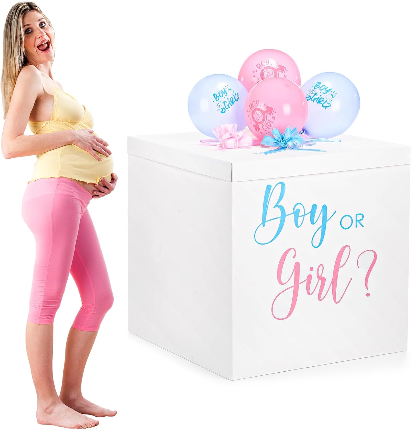 Kolldenn 28 Inches Jumbo Gender Reveal Gift Box with Lid Kit, Extra Large White Gift Box with Boy or Girl Balloon, Stickers and Giant Pull Bows for Gender Reveal Birthday Party Decor Baby Shower