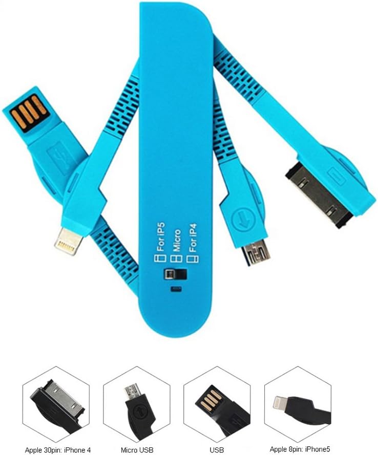 ESupFly 3 in 1 (Micro USB, Lightning Cable, 4S Cable) Multi USB Charge Cable USB Charging Sync Cable USB Data Cable Swiss Army Style for Apple iPhone 4 4s 5 5s 6 6 Plus, iPad 2 3 iPad Air Mini, iPod, Samsung Note, Samsung Galaxy S6 / S6 Edge / S5 / S4, Mobile/Cell Phones Pads and MP3 players with Micro USB, other Micro USB devices (Blue)