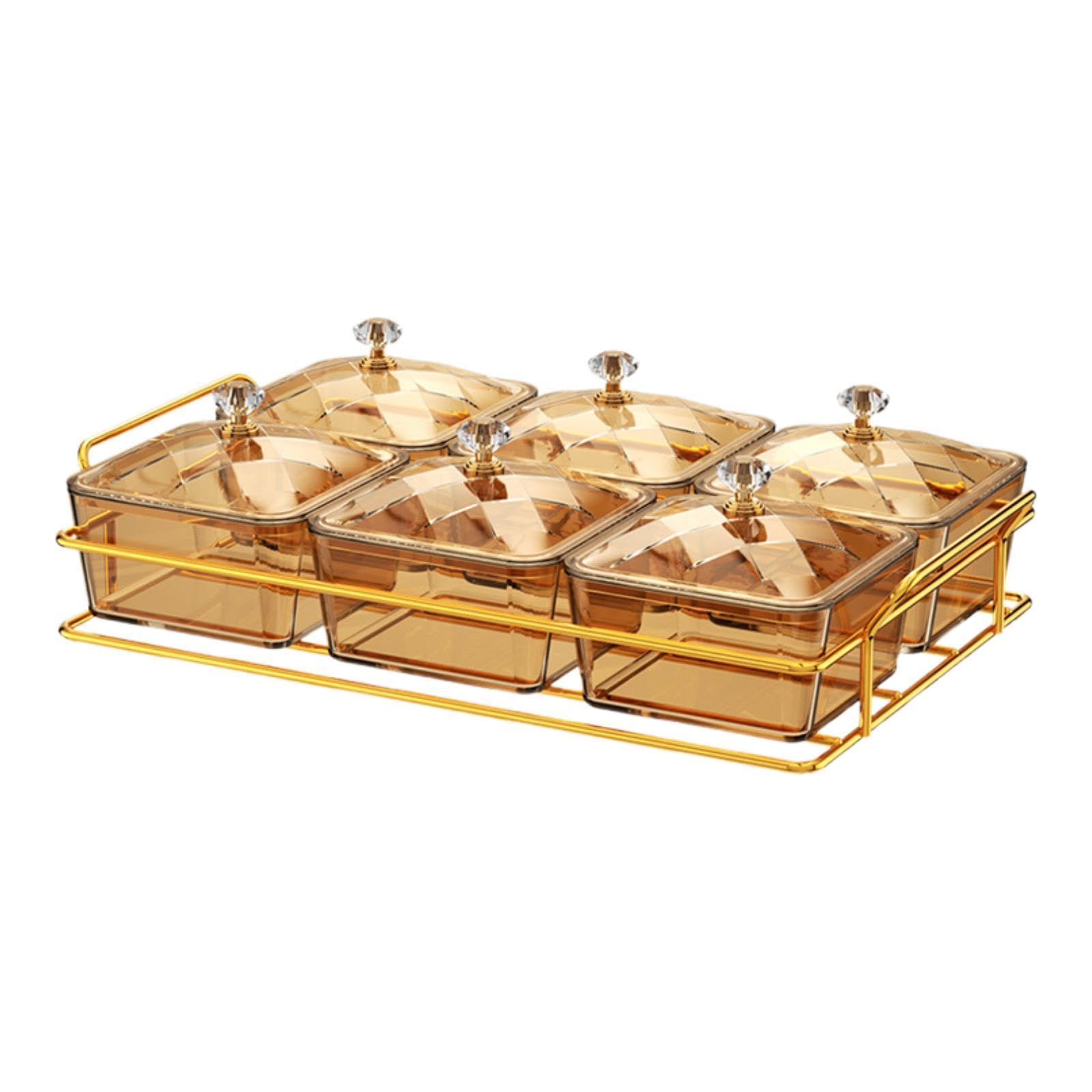 Fenteer Bandeja de Secos con Tapa, Plato para Servir Aperitivos, Cuencos para Almacenar Alimentos, Plato Dividido para Aperitivos para Fiestas de Cumpl, Oro con 6 Rejillas, Individual