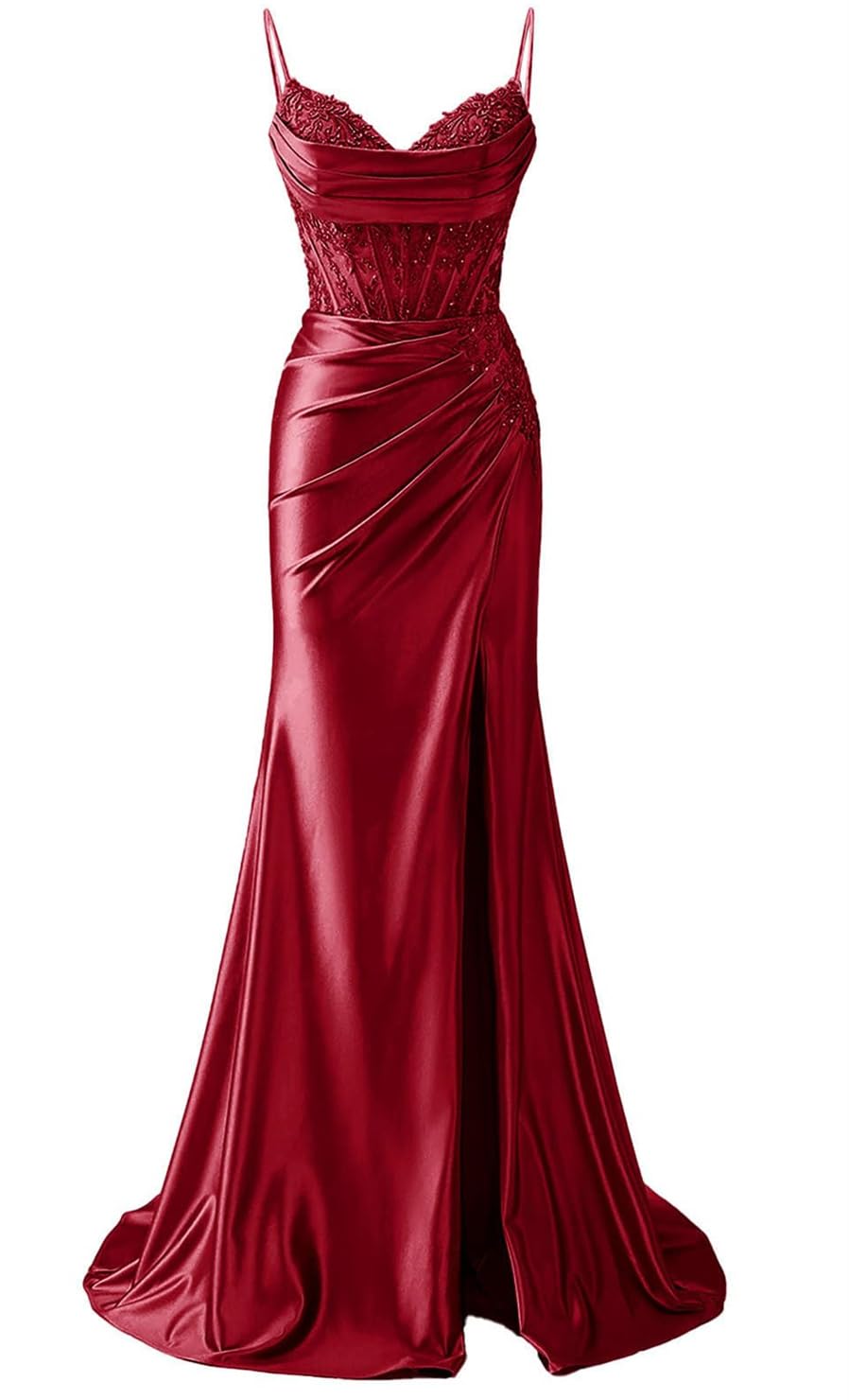 YIANN Mermaid Satin Prom Dresses for Women with Slit Burgundy Lace Applique Formal Dress Long Ball Gown UK12