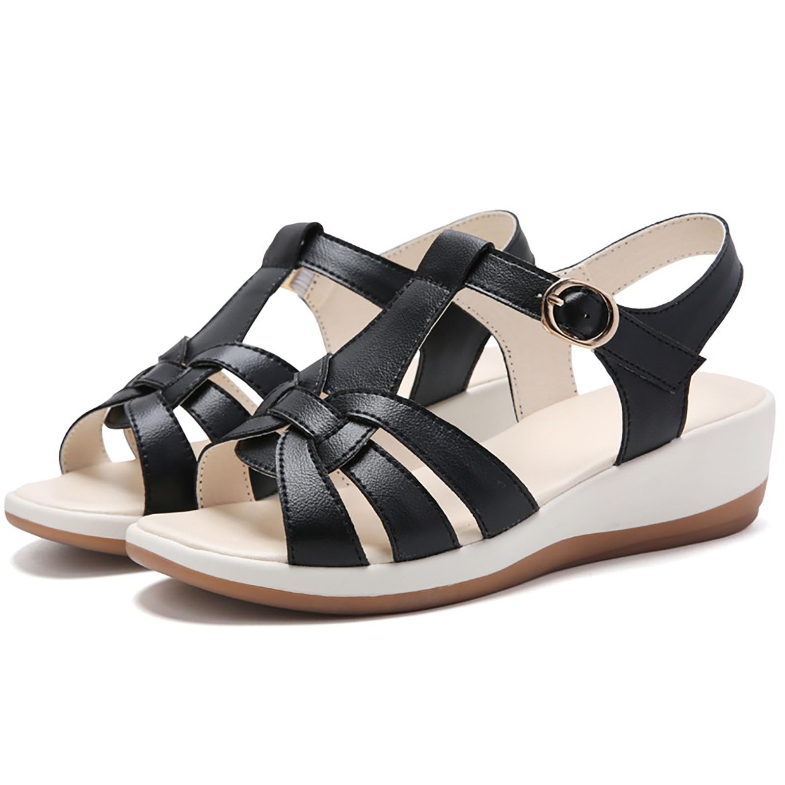 Women’s Wedge Sandals Comfortable Platform Cushioned Insole Strappy Round Toe Casual Wedge Sandals