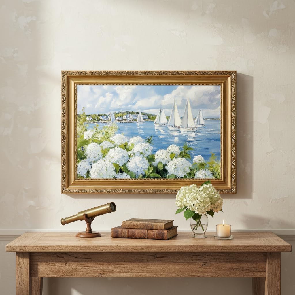 Vintage Gold Frame 3D Texture Coastal Floral Wall Art Summer Ocean Aesthetics Sailing Painting Picture Wall Decor White Hydrangea Poster Print Artwork for Kitchen Bedroom Living Room Home Decoration