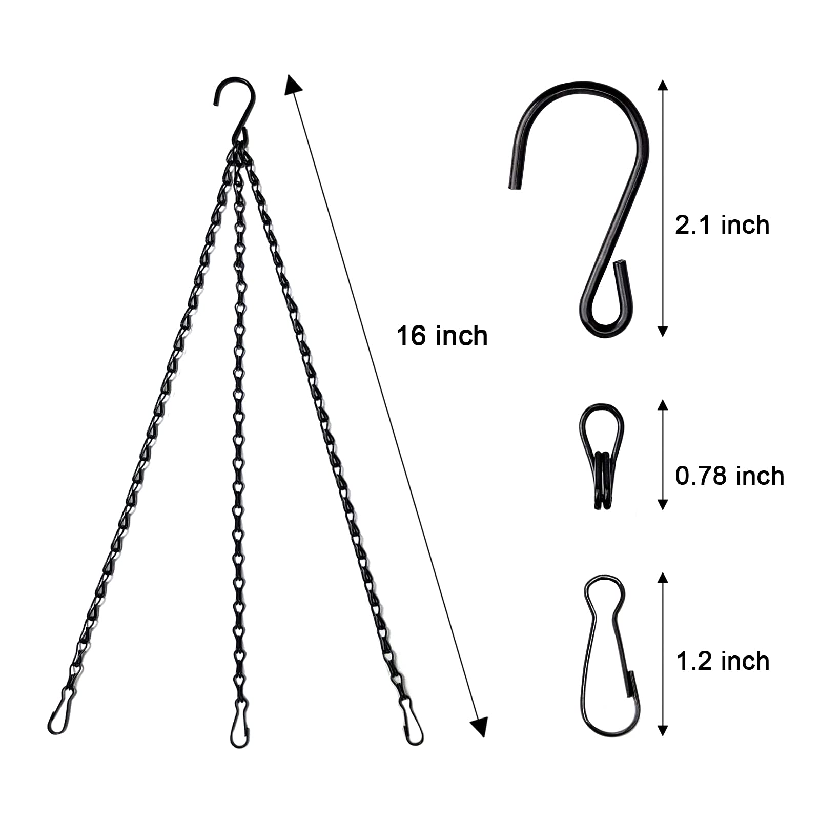 Benvo 16 inch Long Hanging Plant Chains Flower Pot Hangers with Clips and Hooks 3 Point Replacement Chain Holders for Baskets Bird Feeders Planters and Other Ornaments (Pack of 3, Black)