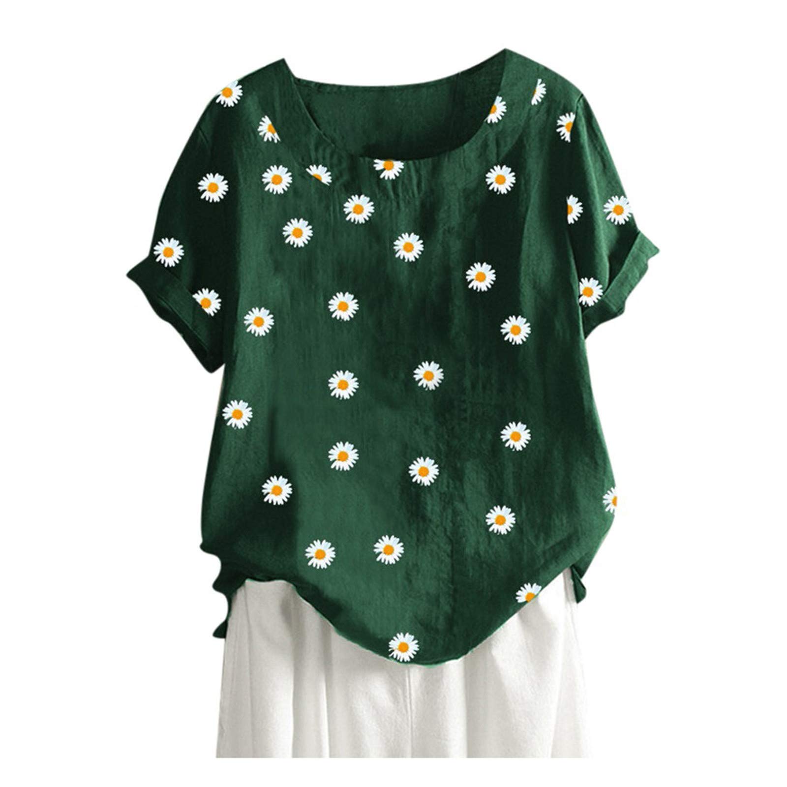 NUSGEAR 2021 Nuevo Camiseta de Mujer, Verano Moda Flores Impresión Manga Corta Algodón y Lino Elegante Cómodo Blusa Talla grande Camisa Cuello Redondo Camiseta Casual Suelto Tops Fiesta T-Shirt Original tee