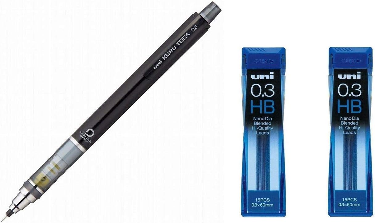 Uni Kurutoga Mechanical Pencil Standard 0.3mm Black (M34501P.24)+ Uni NanoDia Mechanical Pencil 0.3 mm Lead HB x 2 Set