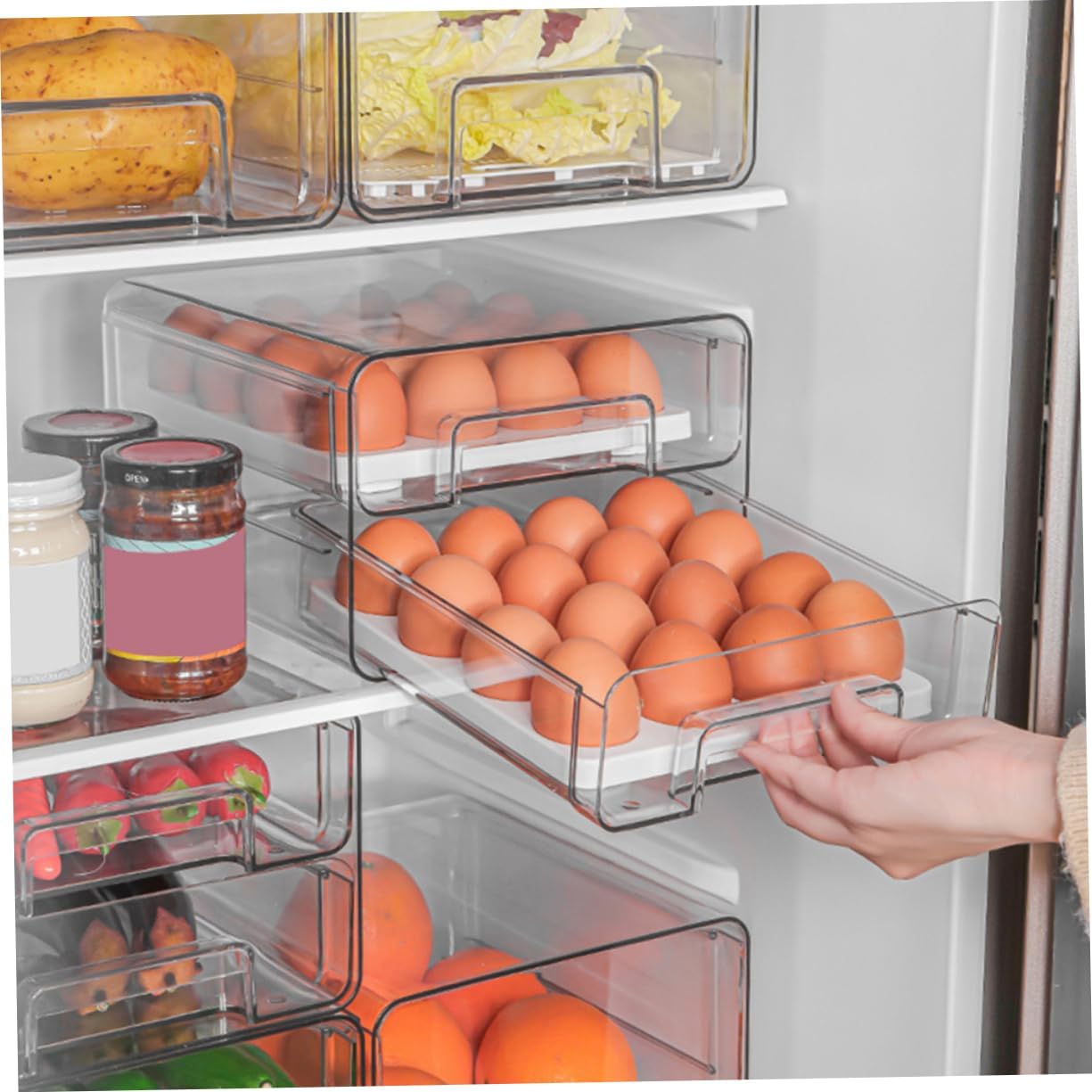 Refrigerator Organizer Bin Compartment Egg Holder Transparent Egg Storage Box with Ventilation Window for Plastic Egg Carton Container