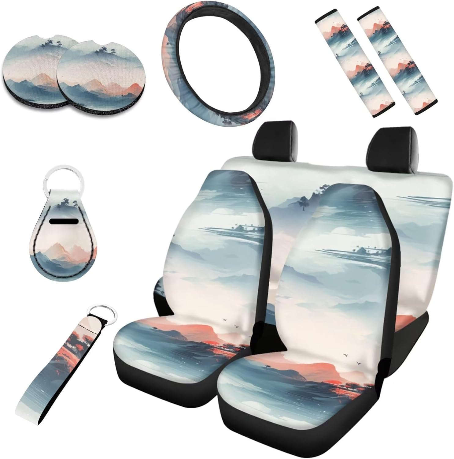 Starry Night Forest 10 Set Car Seat Covers for Women Full Set Starry Sky Tree Pattern Front Back Seats Covers,Seat Belt Pads, Coaster,Keychains