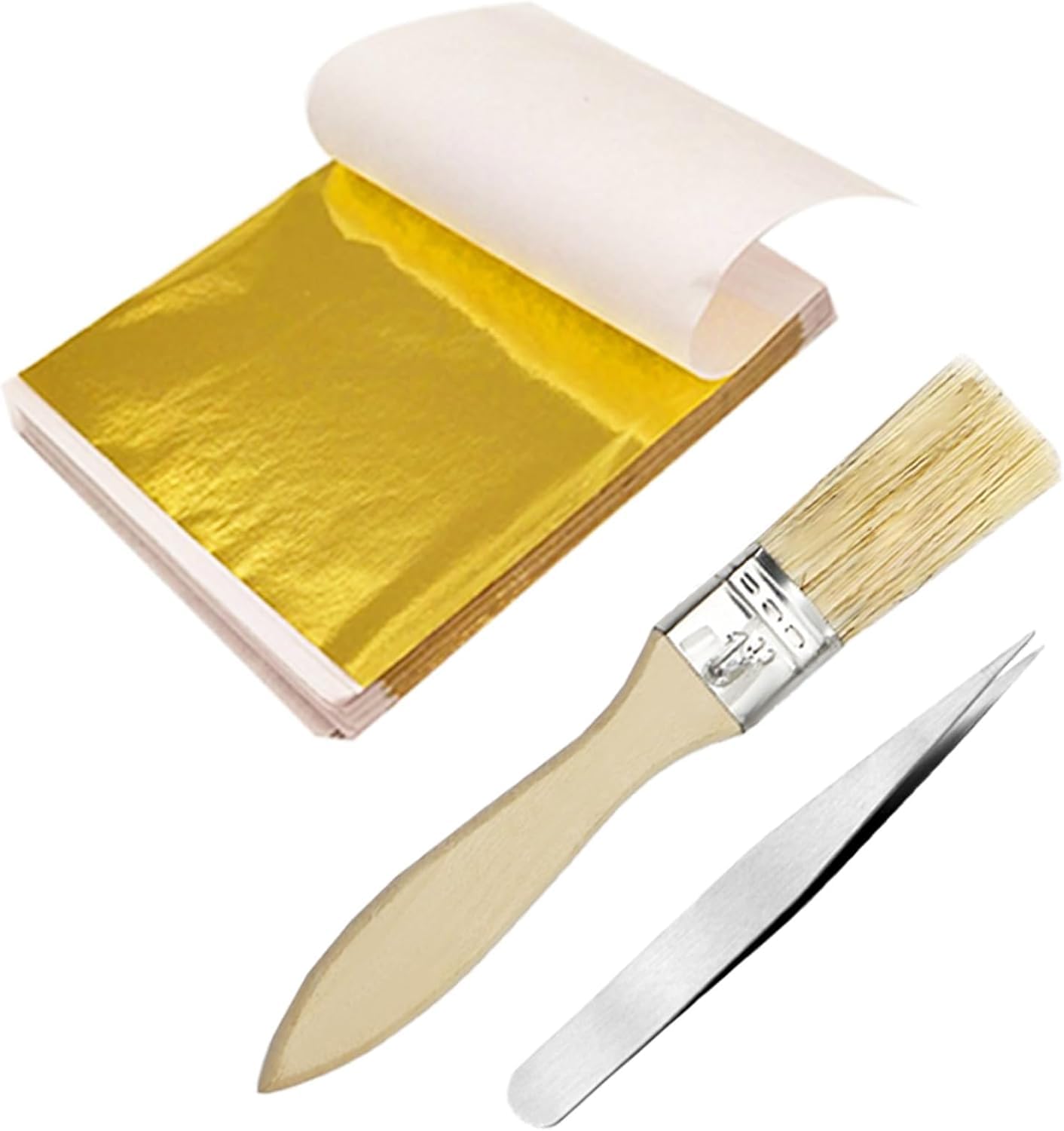 Zouonou 200 Blatt Blattgold Goldfolie 8.5x8.5CM zum Basteln, mit Pinsel und Pinzette für Vergoldung, Malerei, DIY und Küchendekoration - Goldfolie Papier für Kreativprojekte (200 PCS)