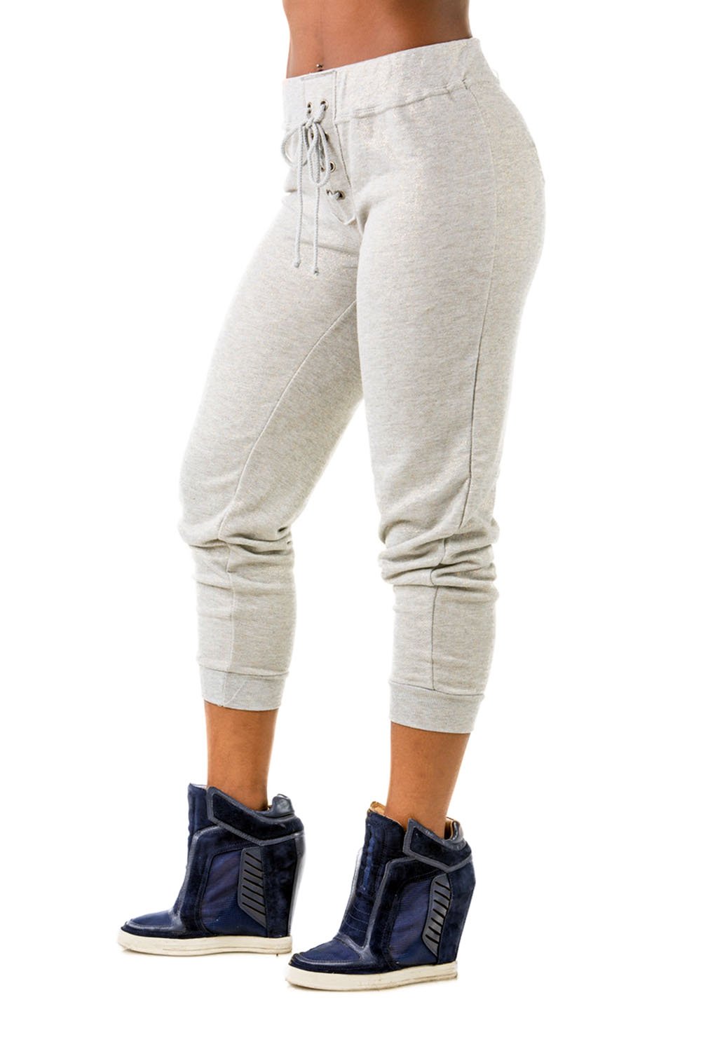 Poetic Justice Curvy Womens Grey French Terry Gold Foil Thread Jogger Pants