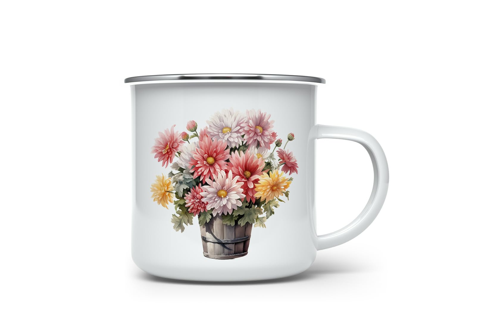 MAXIKIWI - Durable Enamel Coffee or Tea Camping Mug for Indoor Outdoor Use - Chrysanthemums Flowers - 350ml