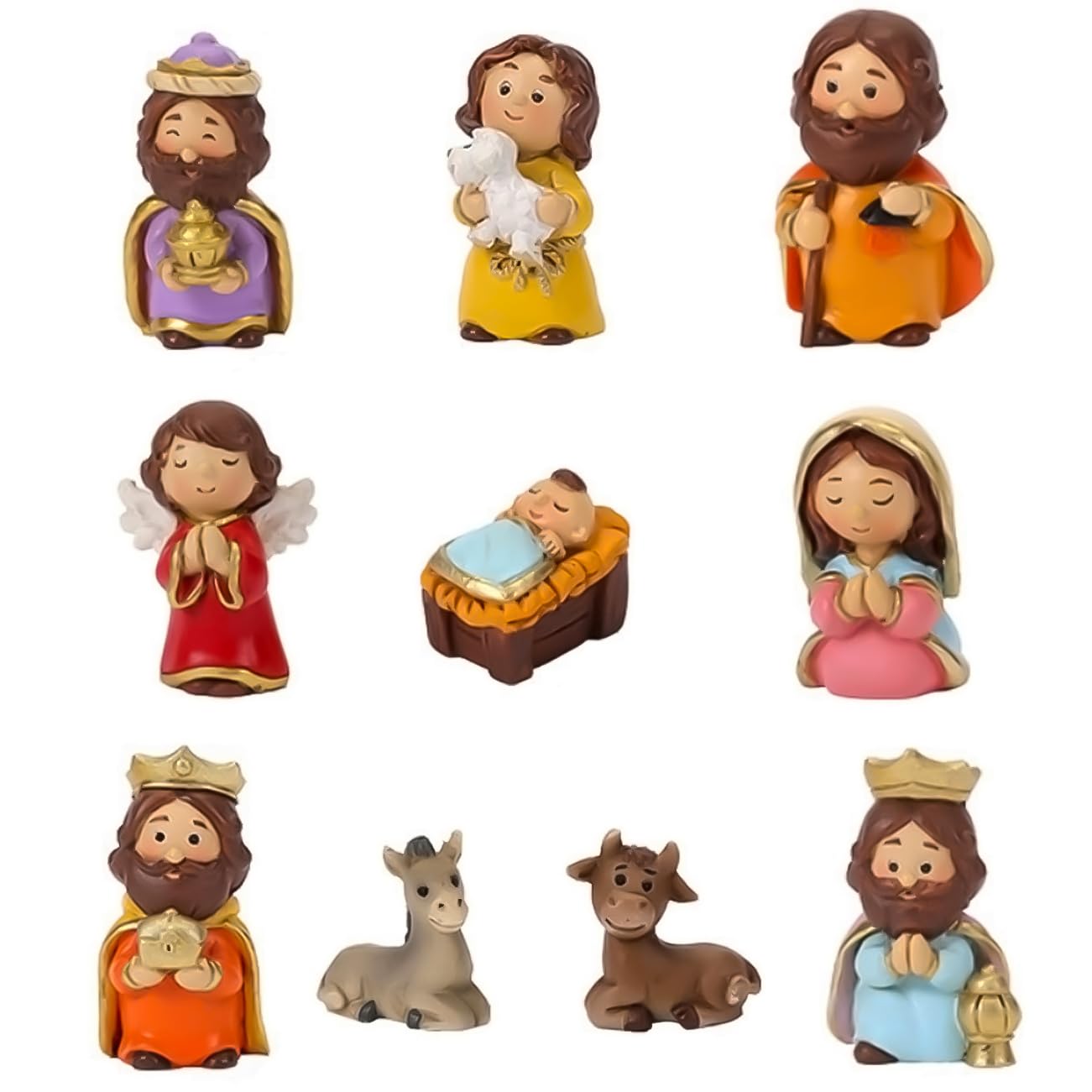 MACLARONX Mini-Krippen-Set, 10-teilig, Weihnachtskrippe, Kunstharz, kleine Figuren für den Innenbereich, mehrfarbig