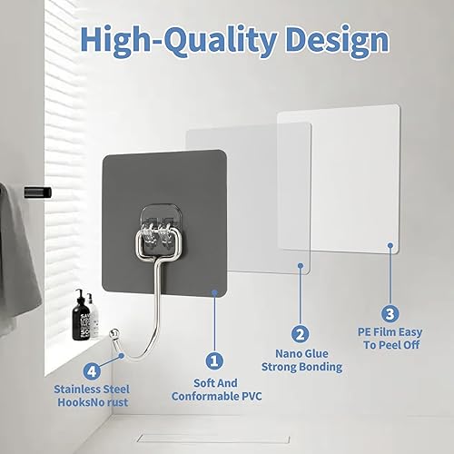 Miniatura 6 de Ganchos adhesivos de pared para colgar, 60 libras, resistentes al agua y al óxido, ganchos adhesivos para paredes sin daños, cocina, bañoalquiler