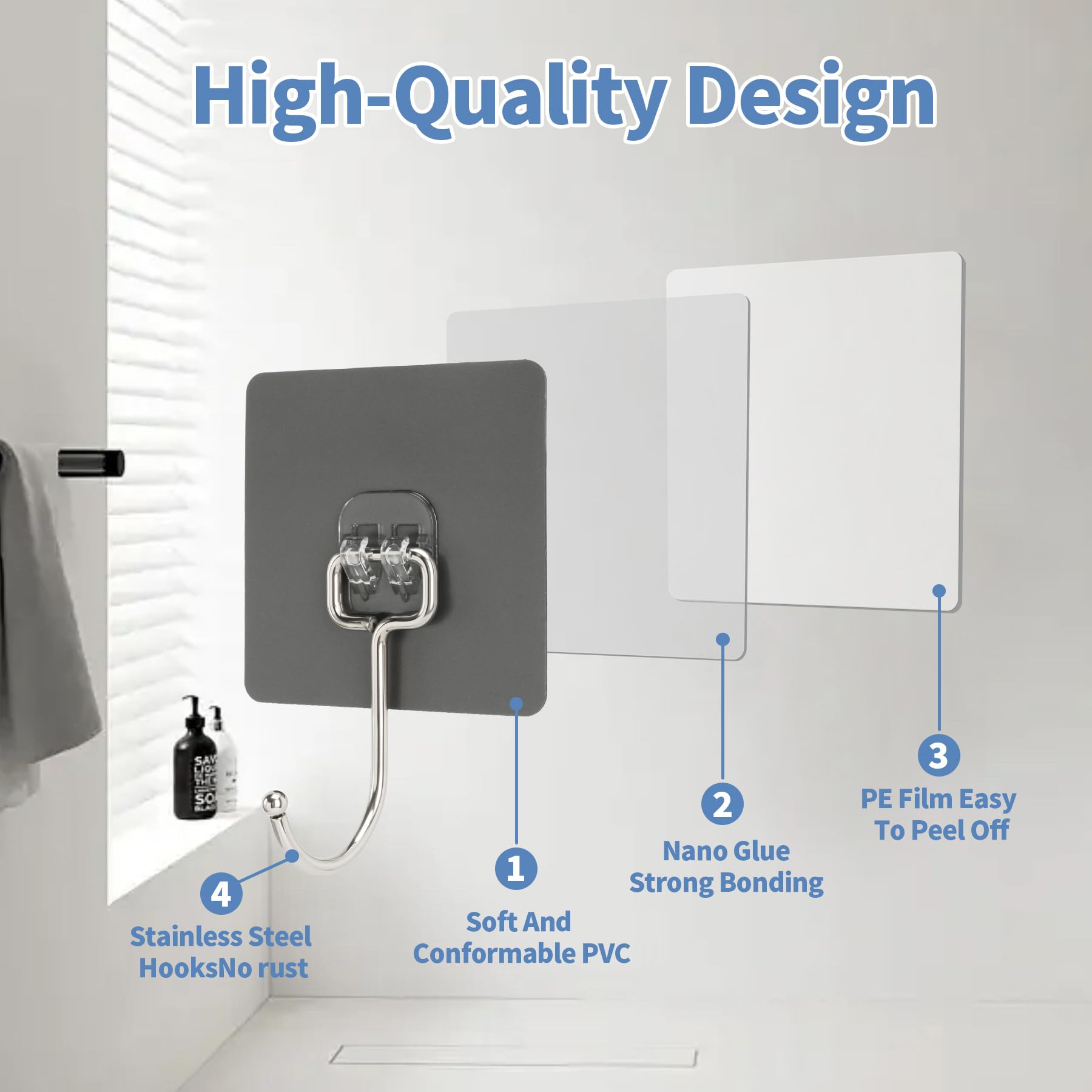 Ganchos adhesivos de pared para colgar, 60 libras, resistentes al agua y al óxido, ganchos adhesivos para paredes sin daños, cocina, baño, alquiler (Ganchos para Pared) paquete de 10