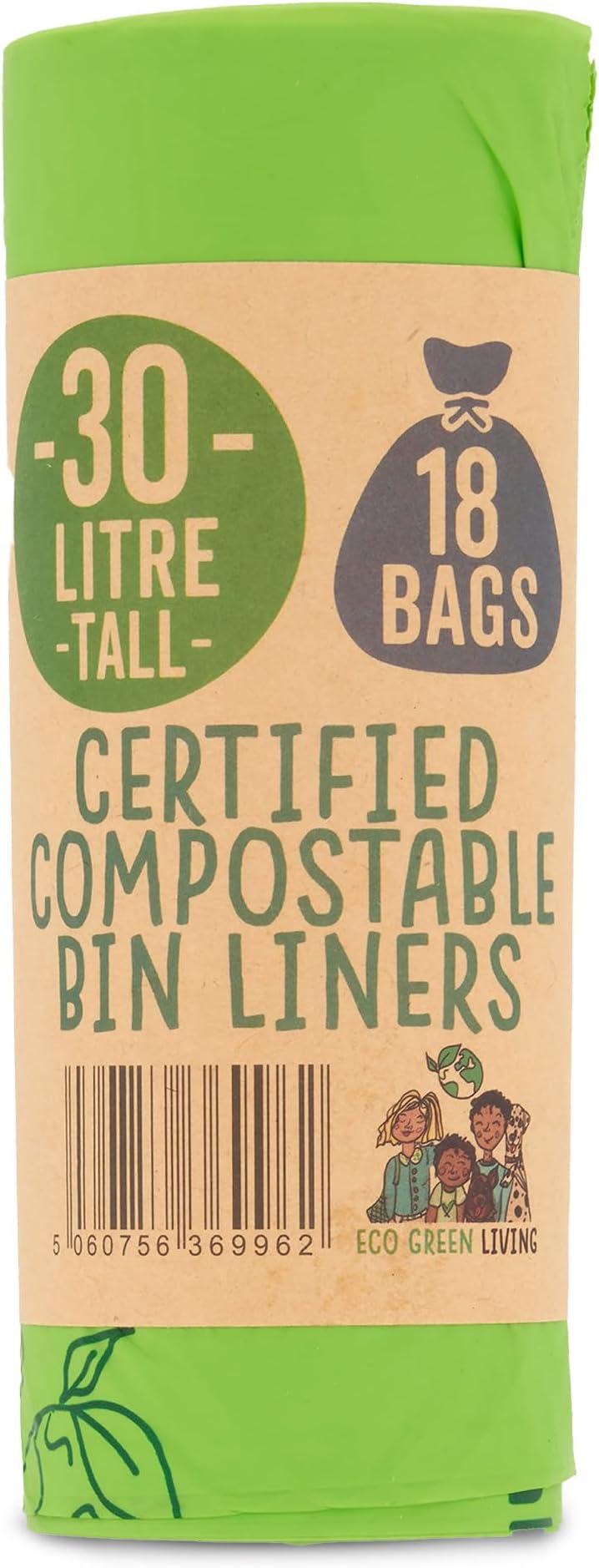 Eco Green Living 30 Litre Compostable Tall Bin Liners, Leak Resistant Bin Bags for Food Waste & Kitchen Caddies, 64 x 104cm - 18 Bags
