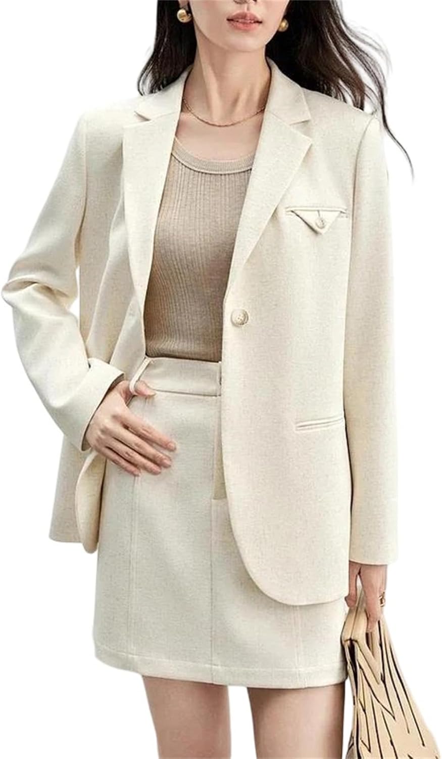 Women’S Skirt Suits Linen Blend Shoulder Pads Blazer Solid Elegant Skirts Two Piece Sets Blazer and Skirt Set