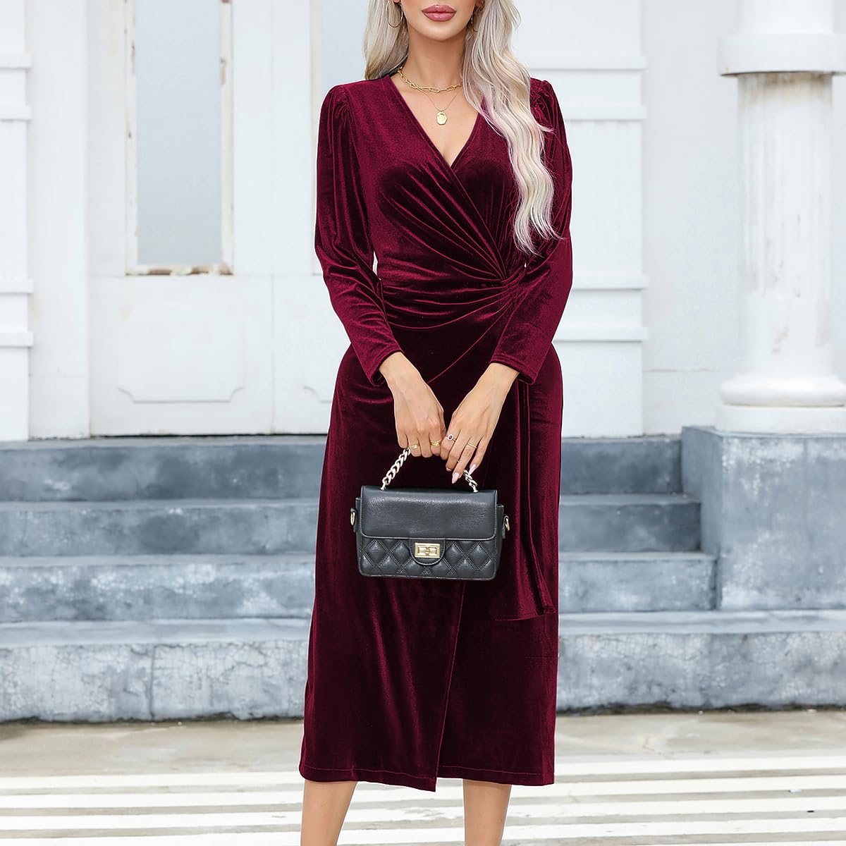 R.Vivimos Automne Hiver Femmes Sexy Col V Enveloppé Robe Manches Longues Velours Volants Robe Midi élégante Robe Cocktail
