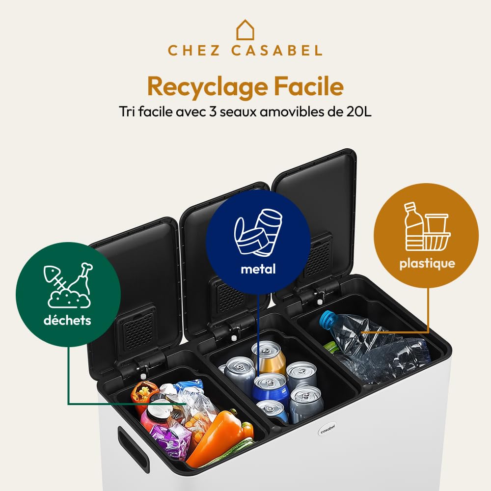 CASABEL Poubelle Tri Sélectif 3x20L, Acier Inox Blanc, Poubelle 60L Cuisine Recyclage Rectangulaire à Pédales, Anti Traces, Anti Odeurs, Systèmes de Tri des Déchets, Poubelle Tri Selectif 3 Bacs