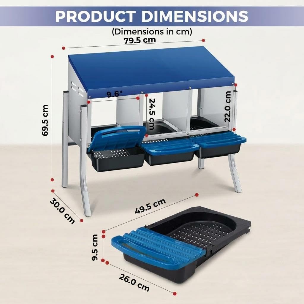 Garvee Nido per Galline Ovaiole in Metallo Zincato, 3 Scomparti con Supporto Indipendente e Vassoio Estraibile, Design Roll-away per Raccolta Uova Pulite, Facile da Pulire, 78x51x51 cm, Blu