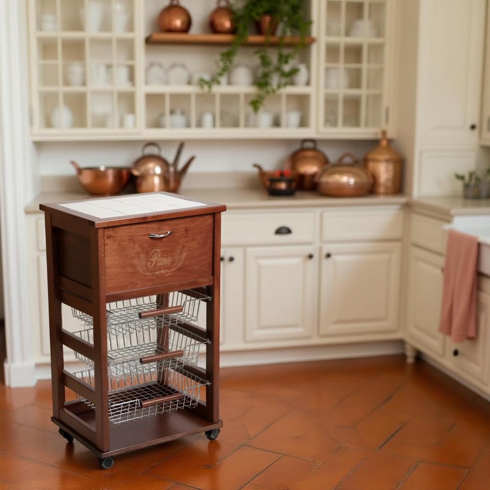 MA MAISON Carrello Salvaspazio in Legno dimensioni 85x49x39 cm - da Cucina, Piano d'appoggio Multiuso, 3 Cestini Contenitori, 1 Cassetto, Portapane, Portafrutta, 4 Ruote - Made in Italy (Noce)