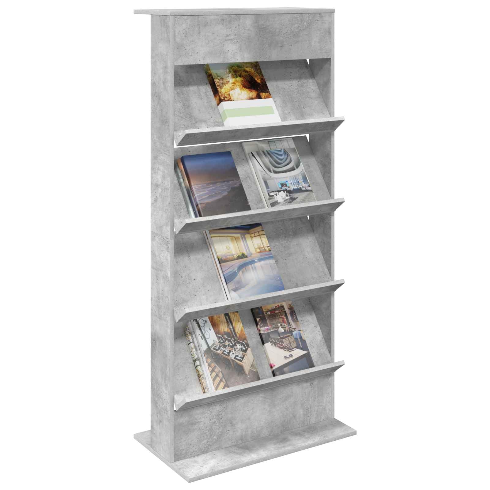 Scaffale portariviste in legno grigio cemento, 70 x 41 x 156 cm, con 4 ripiani autoportanti, per soggiorno, ufficio, camera da letto, spazio per gestione dei cavi