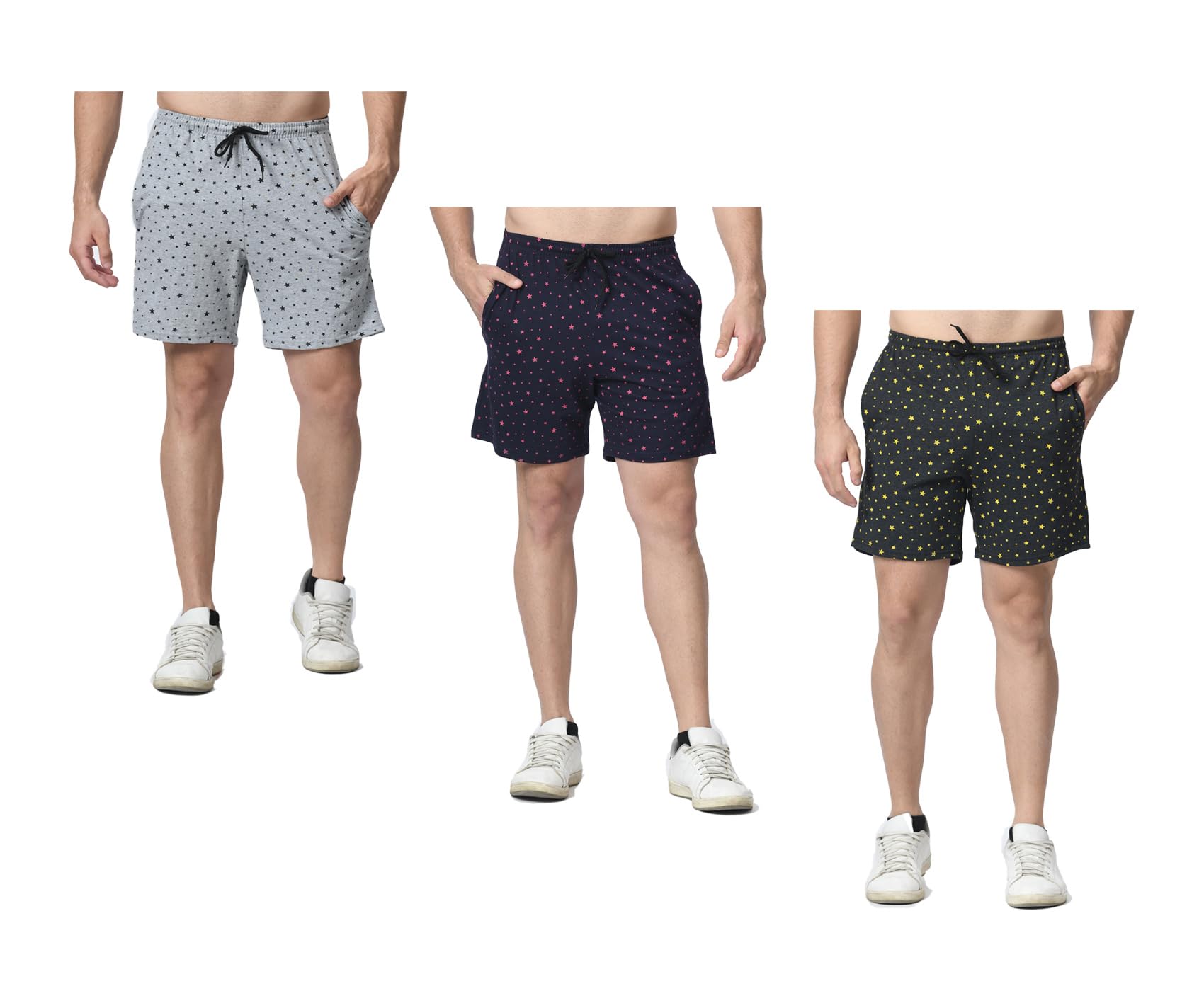 Men Cotton Star Printed Regular Bermuda Shorts (Pack of 3) Grey,Navy Blue,Silver-image-1