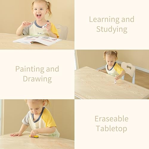 Miniatura 6 de Juego de mesa y 4 sillas para niños, escritorio de estudio para niños, mesa de comedor, escritorio de plástico ajustable en altura ajustable, Grano