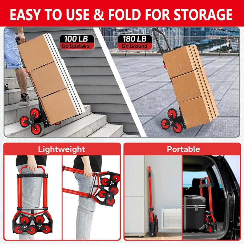 Stair Climbing Cart,Stair Climbing Hand Truck Dolly, 180 lb Capacity Heavy Duty Folding Hand Truck with Telescoping Handle and 6 Wheels and 2 Ropes